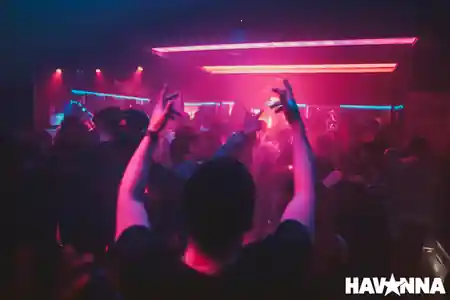 Crowd dancing under purple club lights at Havanna in Berlin — bachata, salsa venue in Berlin