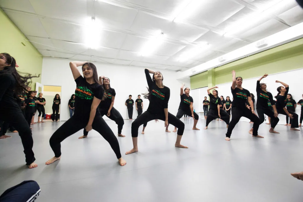 Large dance class in session inside the spacious studio at La Fiesta Dance Factory, Annandale, Sydney