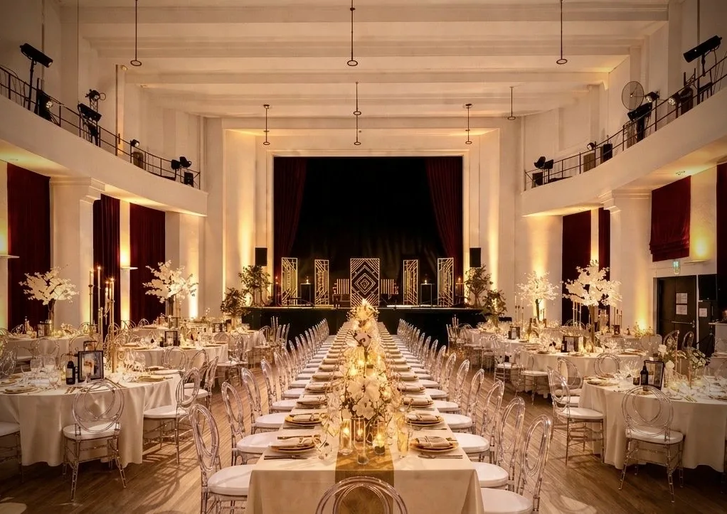 Grand event hall interior with stage, mezzanine and banquet setup at Salle Colonne, Paris dance and event venue