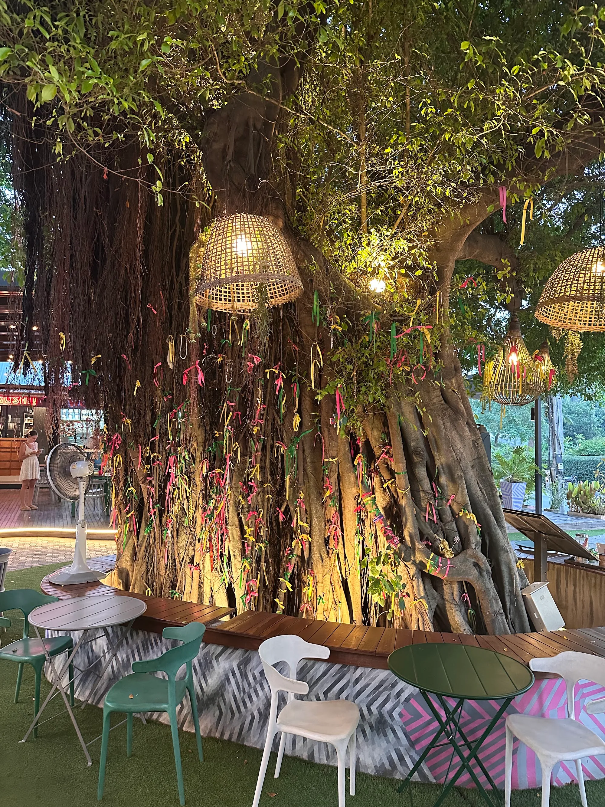 Iconic banyan tree with seating area and rattan lanterns at Banyan Food Market, Koh Samui