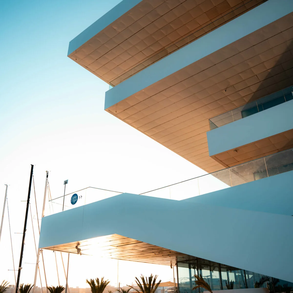 Architectural detail of the Veles e Vents building at sunset in Valencia