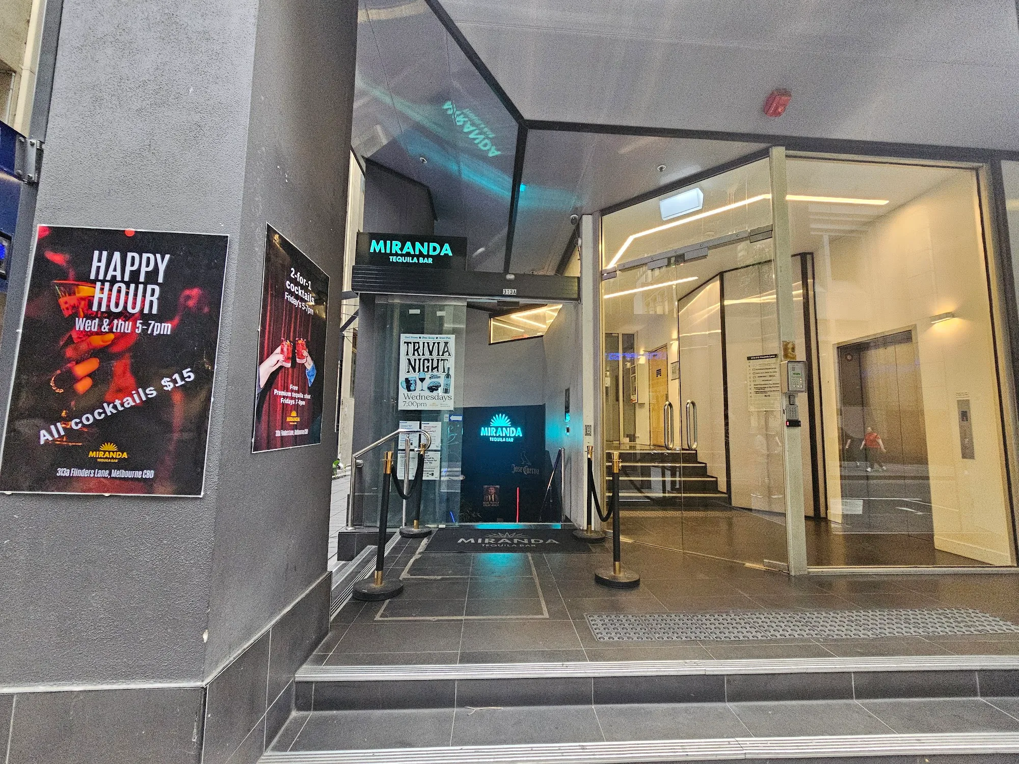 Branded street entrance with Miranda Tequila Bar signage in Melbourne CBD