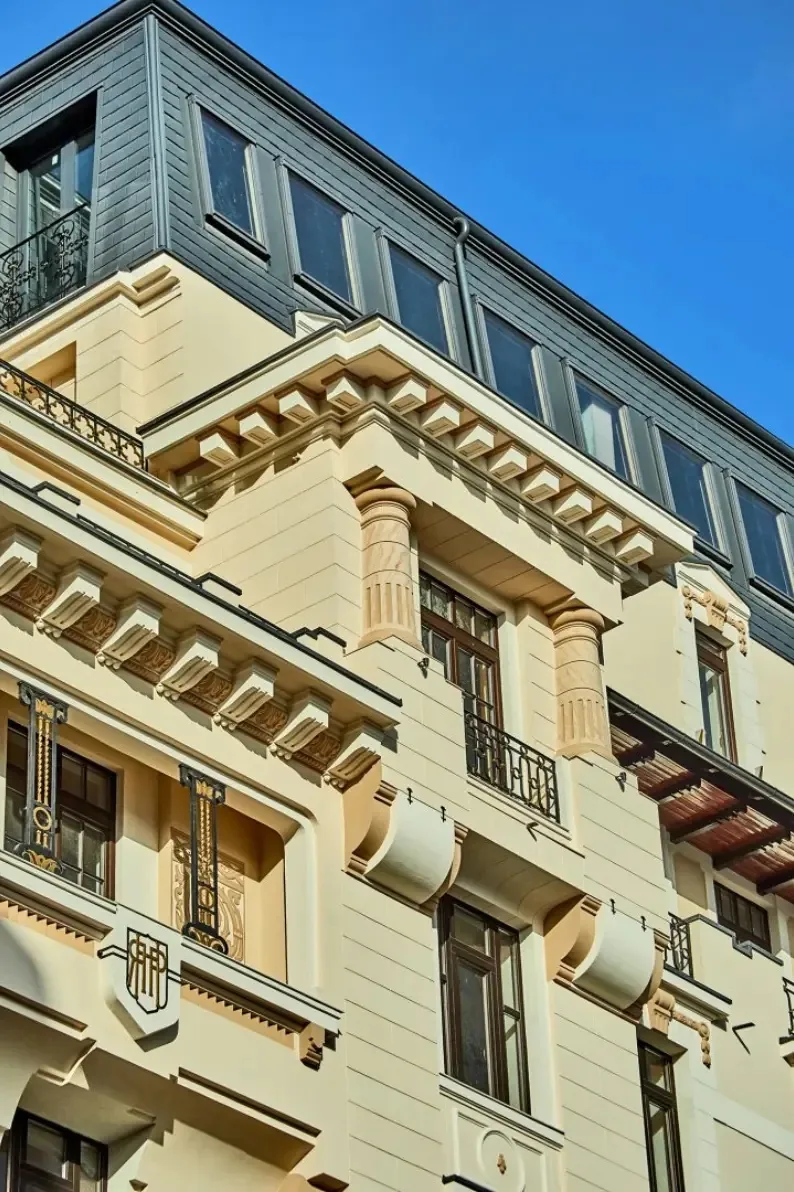 Ornate Art Nouveau facade of the Mille 18 Events building in central Bucharest