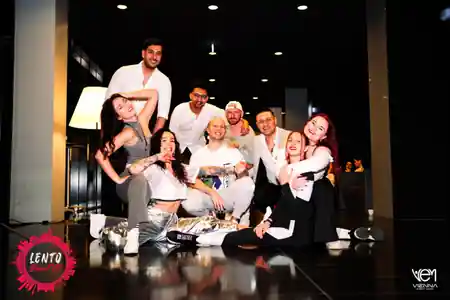 Lento Dance Vienna team group portrait inside the venue — salsa, bachata venue in Vienna