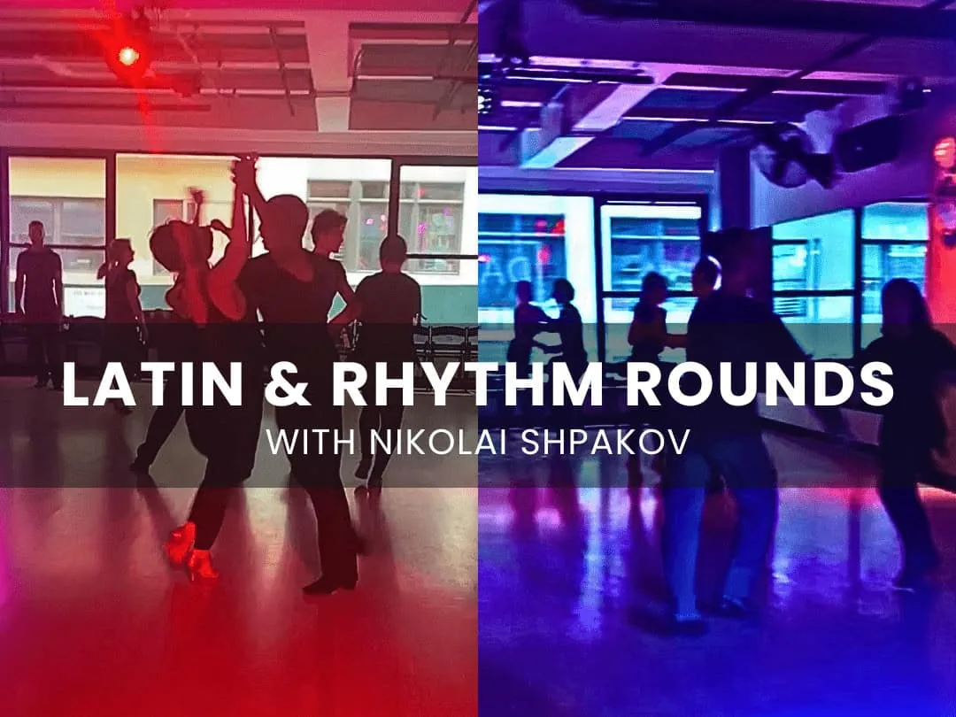 Latin rhythm rounds with dancers under colored stage lighting at Danznik Studios NYC