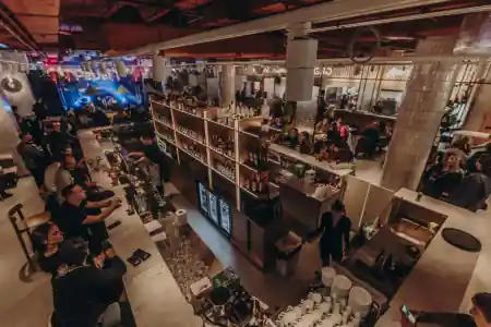 Aerial view of PeDeT bar and food hall in Renoma Wroclaw with live stage in background — salsa venue in Wroclaw