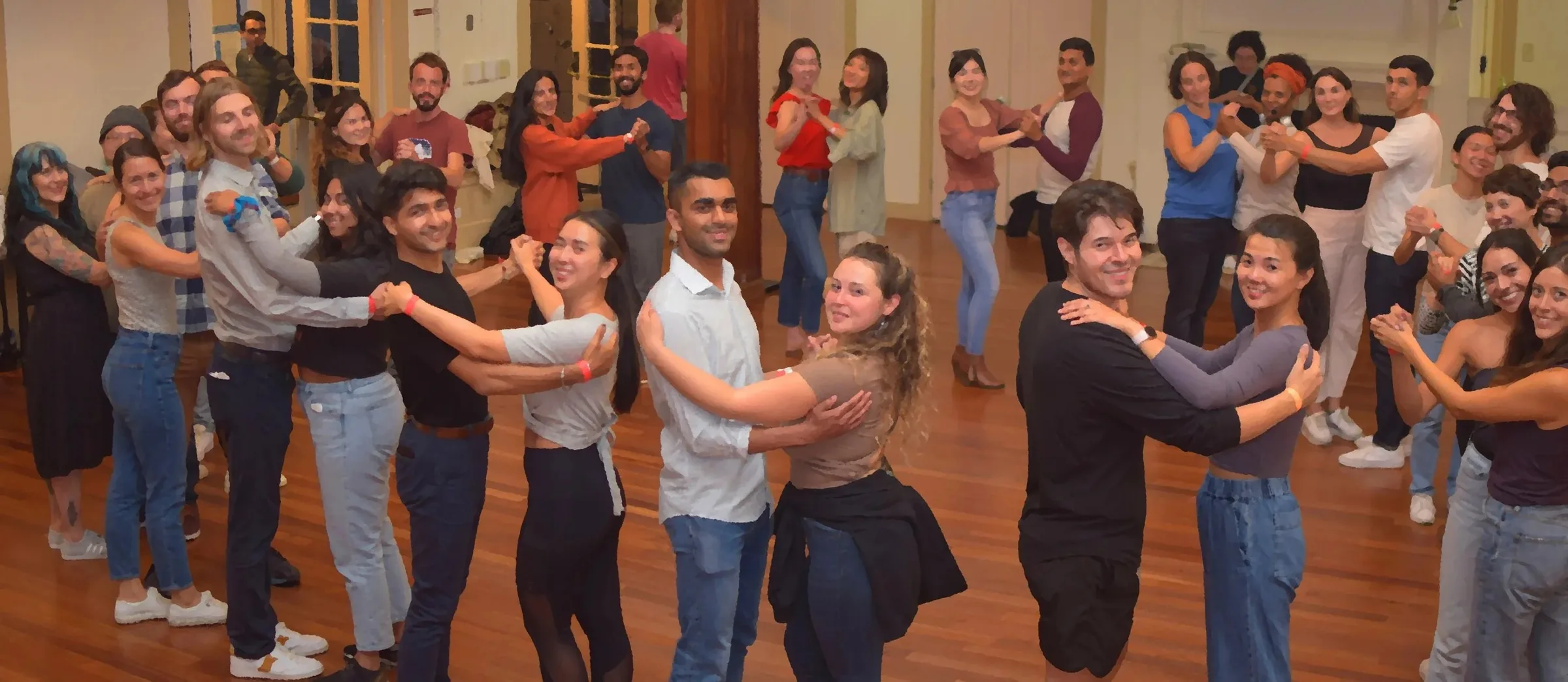 Rueda circle of partner dancers on the floor at Mars Bar & Restaurant, San Francisco