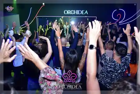 Packed dance floor with arms raised under stage lights at Orchidea Club Milan — bachata venue in Milan