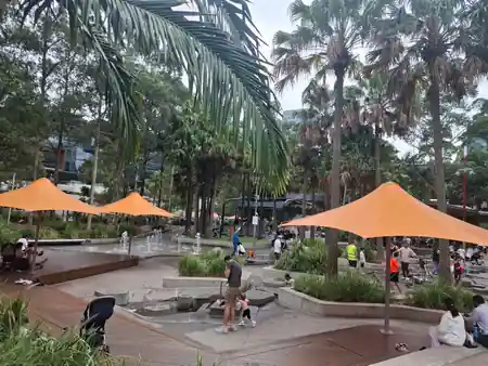 Palm Grove's iconic orange shade sails and palm trees at Darling Harbour Sydney, the Latin Nights venue setting — salsa, bachata venue in Sydney