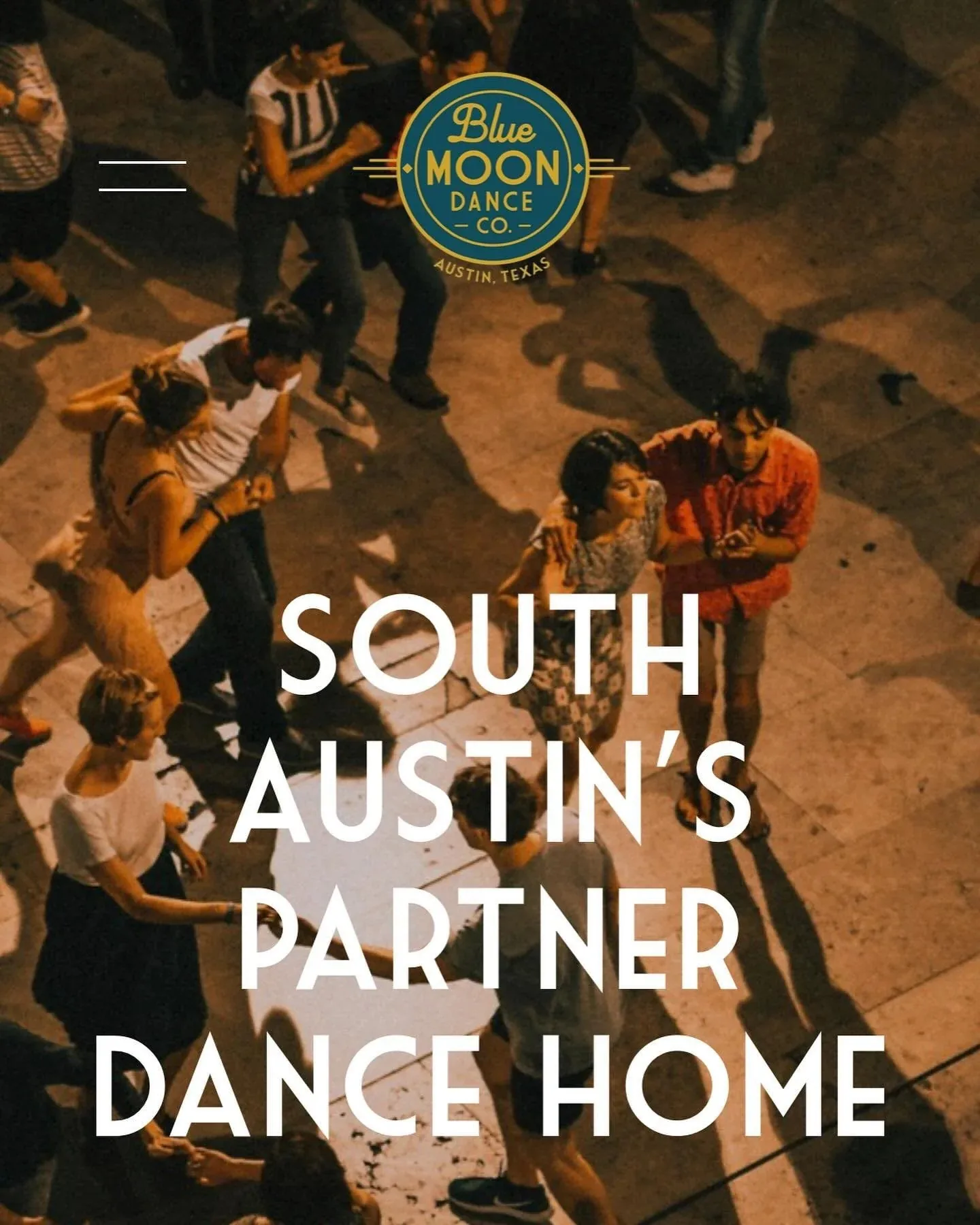 Crowd of dancers filling the social dance floor at night, Blue Moon Dance Co., Austin