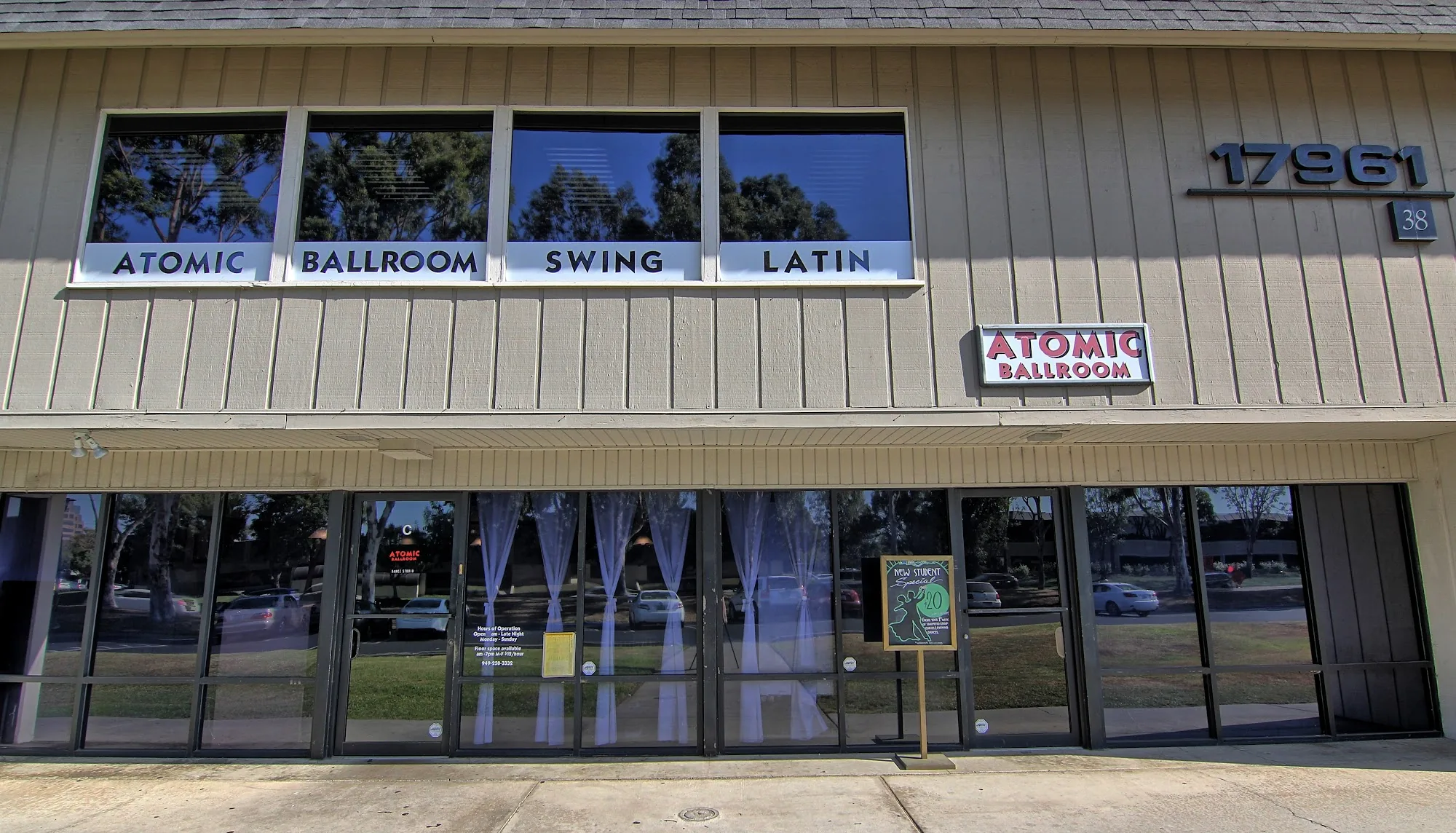 Exterior of Atomic Ballroom with Swing and Latin dance signage, Irvine