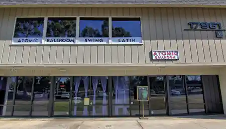 Exterior of Atomic Ballroom with Swing and Latin dance signage, Irvine, kizomba venue in Irvine