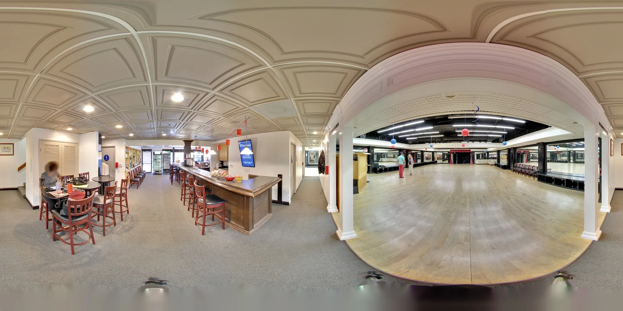 360-degree panorama of Atomic Ballroom showing dance floor and bar area, Irvine