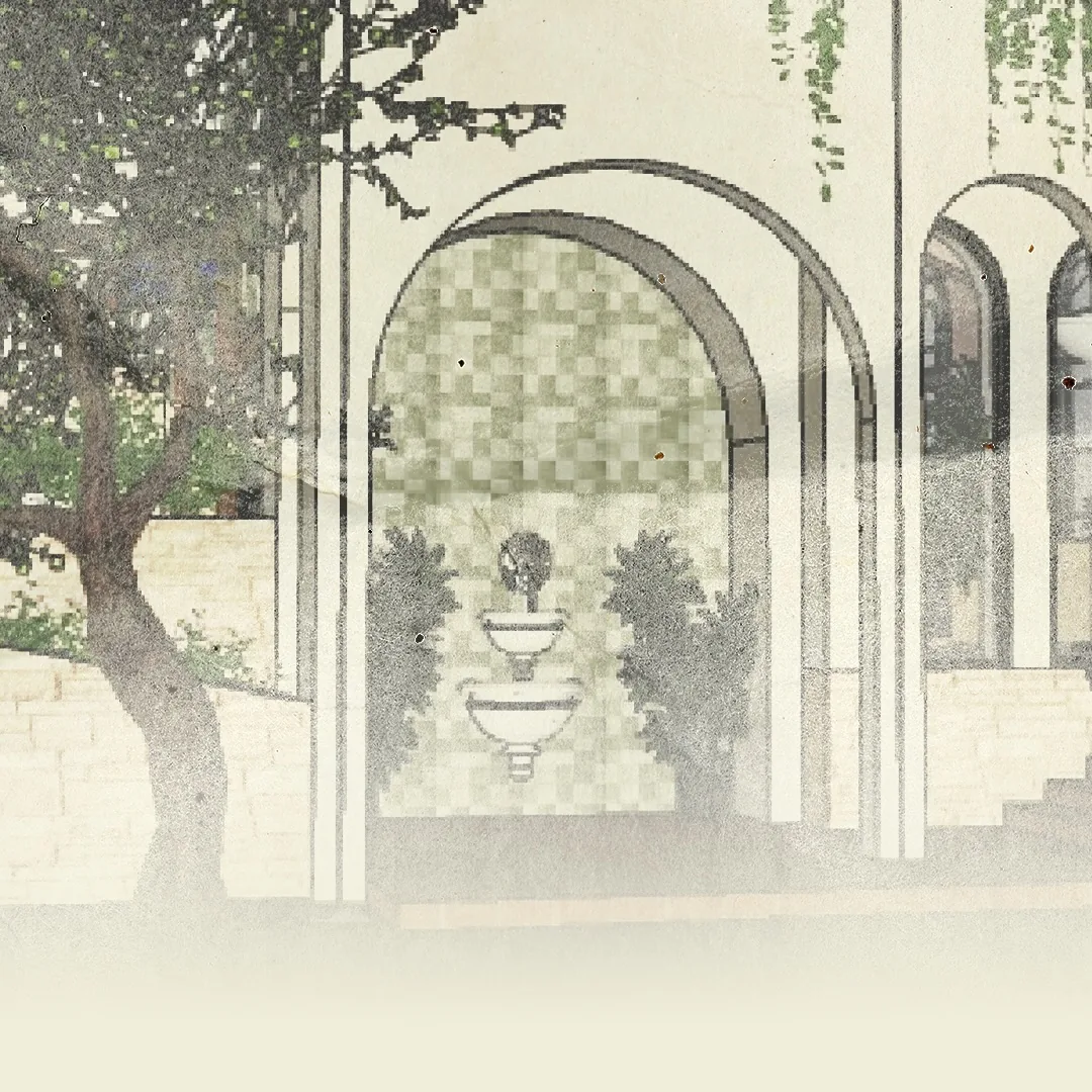Arched garden entrance with fountain at Amavi venue in Canggu, Bali