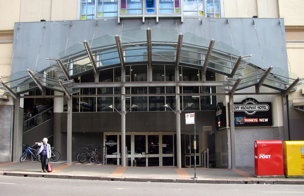 Off Broadway Hotel street entrance with venue signage in Glebe, Sydney