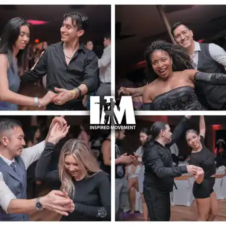 Salsa and bachata dancers in partner hold at Austin Inspired Movement social