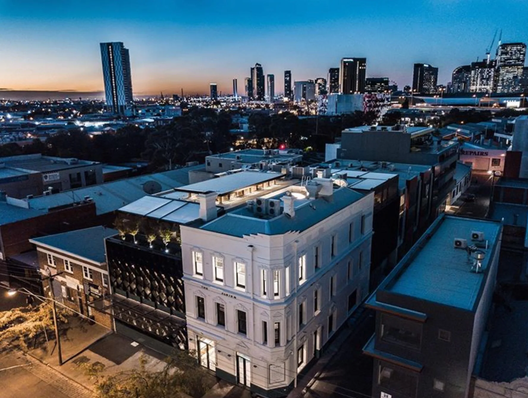 Aerial view of The Albion heritage pub building exterior in Melbourne