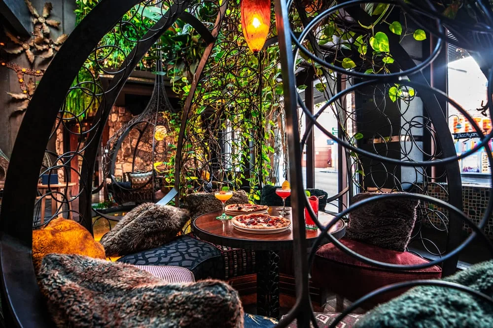 Intricate iron archway booth with hanging plants inside Cloudland Brisbane