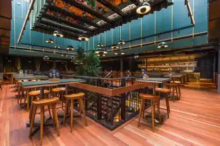 Pig N Whistle Fortitude Valley interior with two-level layout, indoor tree, and wooden stools in Brisbane — salsa, bachata venue in Brisbane