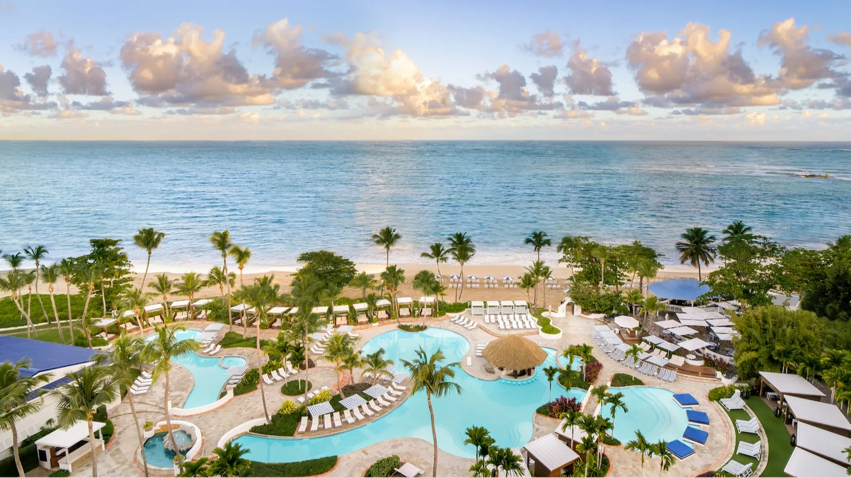 Aerial pool and beach view at Fairmont El San Juan Hotel Puerto Rico
