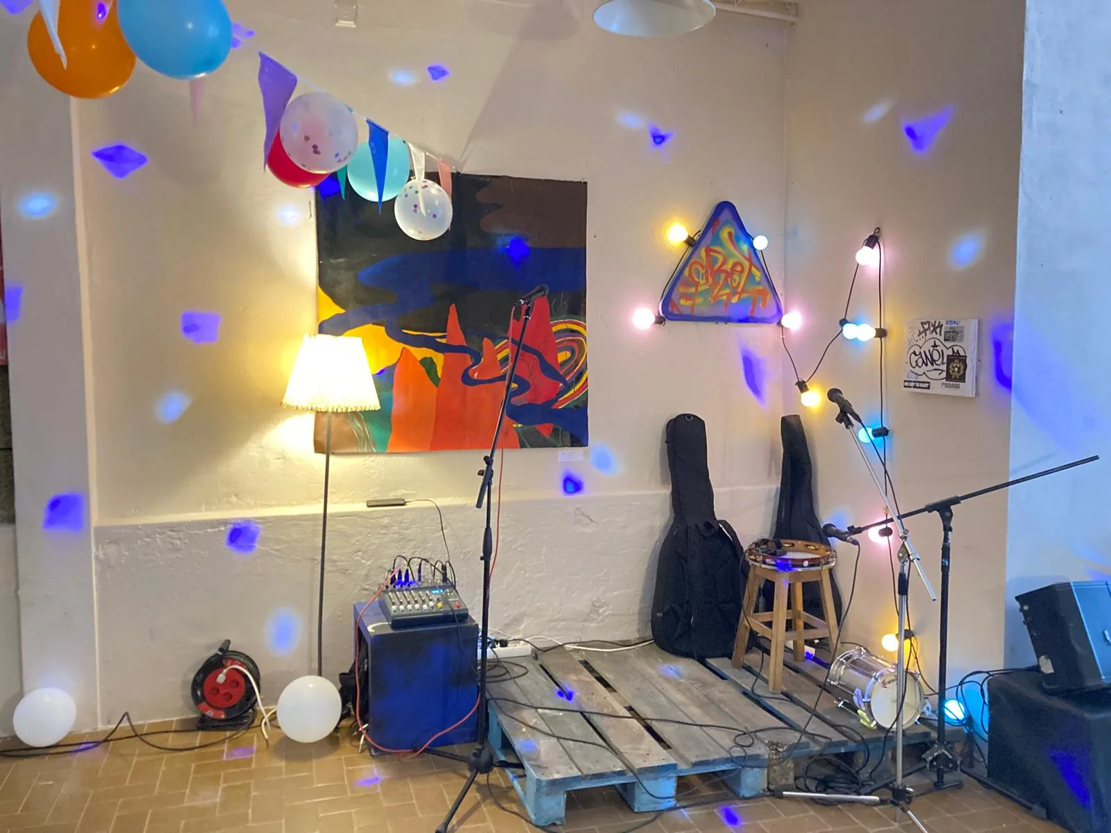 Stage and PA setup at Espaço Cultural Jubilant event space in Porto Portugal