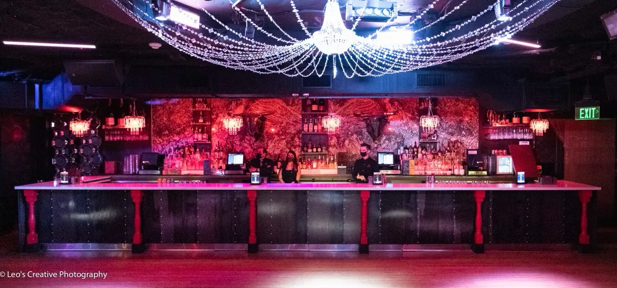 Main bar and sparkling ceiling lights at Sevilla Nightclub, San Diego