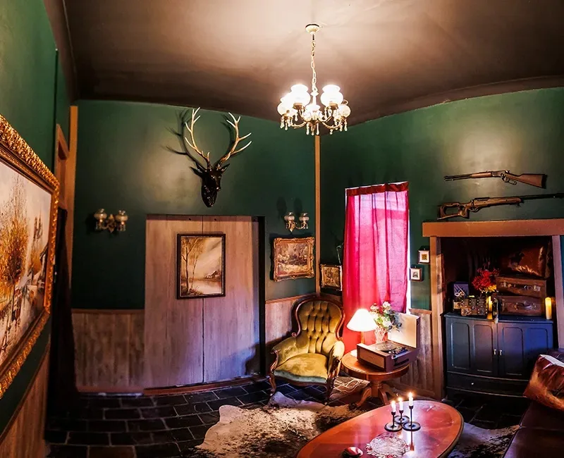 Eclectic interior room with green walls, a crystal chandelier, mounted deer antlers and antique lounge furniture at The Fourth Monkey Cocktail Bar & Grill, Brisbane.