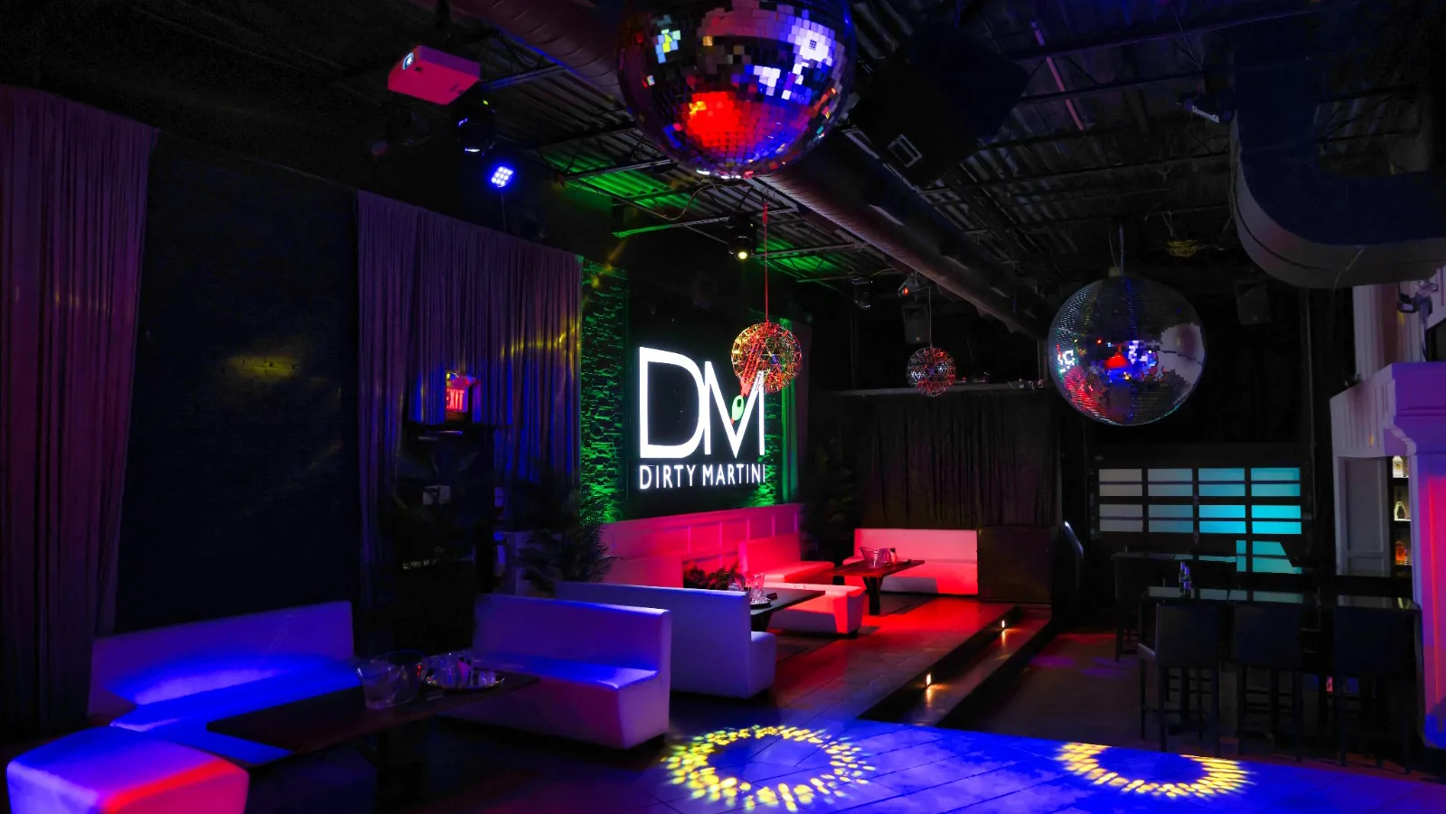 Lounge interior with disco balls and dance floor at Dirty Martini Oakville, Oakville — salsa, bachata venue in Oakville