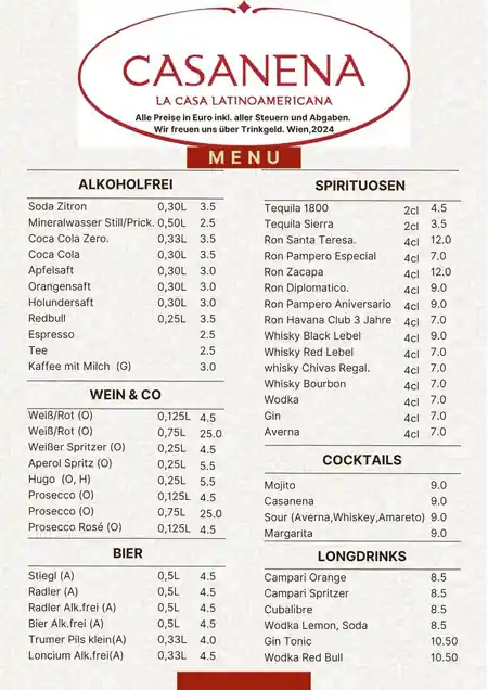 Casanena bar menu and drink prices at Salsanena Vienna
