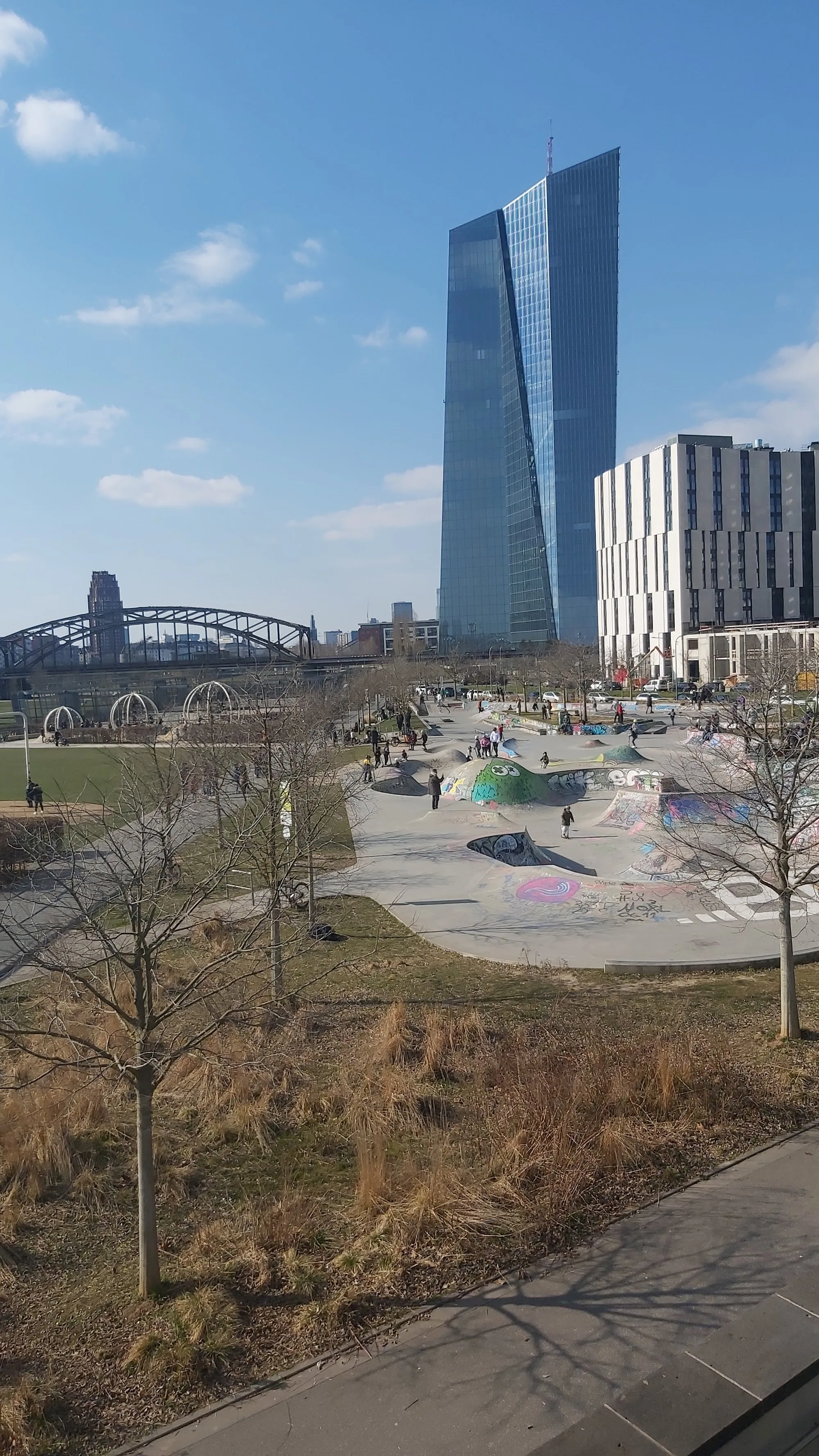 Hafenpark Frankfurt skate park with ECB headquarters skyline backdrop, bachata, salsa venue in Frankfurt