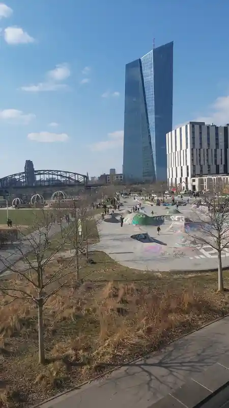 Hafenpark Frankfurt skate park with ECB headquarters skyline backdrop, bachata, salsa venue in Frankfurt