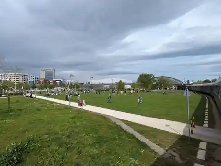 Open green lawn space at Hafenpark Frankfurt outdoor venue, bachata, salsa venue in Frankfurt