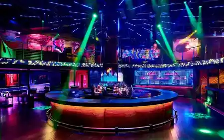 Tongue and Groove Atlanta lounge area with neon accents and VIP bottle service seating, salsa, bachata venue in Atlanta