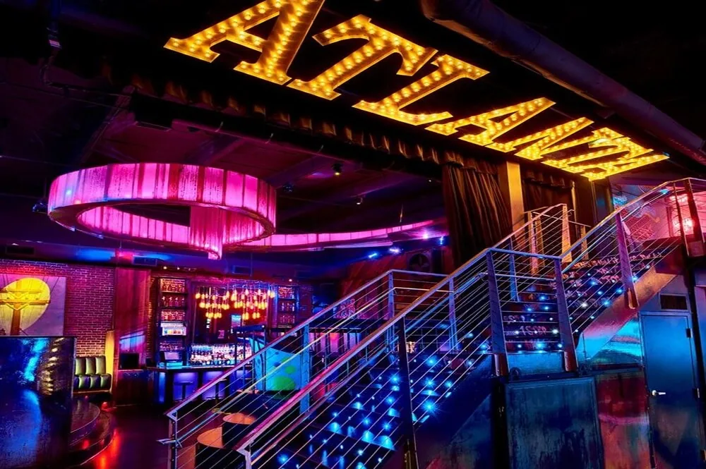 Tongue and Groove nightclub interior with modern lighting and spacious dance floor in Buckhead Atlanta, salsa, bachata venue in Atlanta