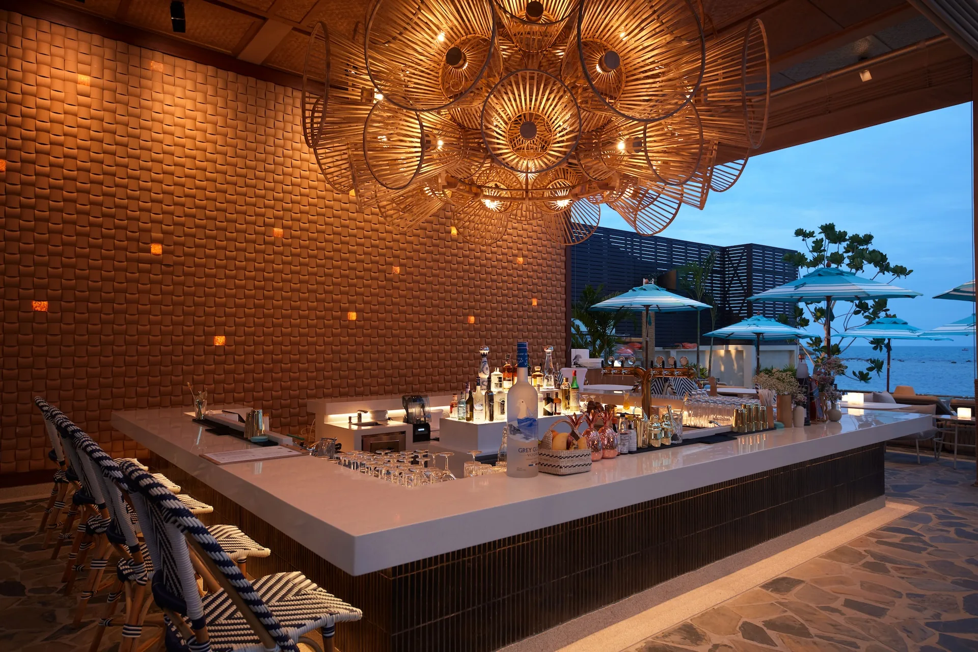 Cabanas Beach Club Koh Samui beachside bar with chandelier lighting