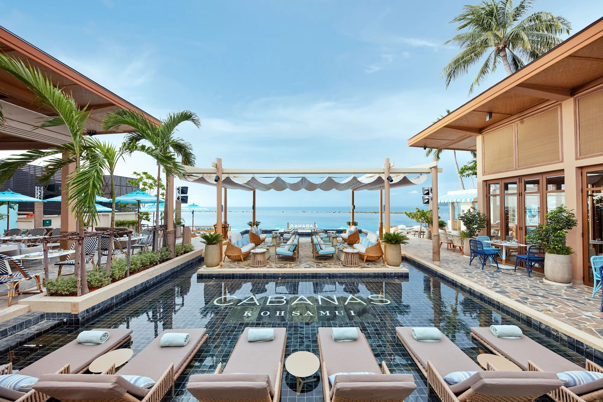 Cabanas Beach Club Koh Samui branded pool aerial view