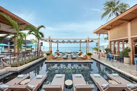 Cabanas Beach Club Koh Samui branded pool aerial view — salsa, bachata, kizomba venue in Koh Samui