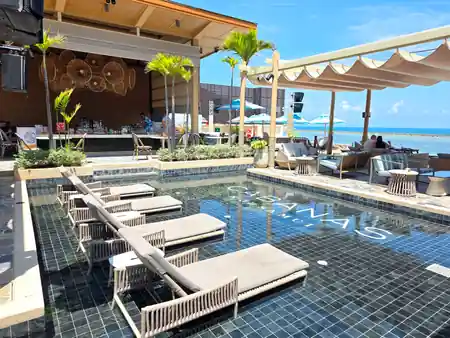 Cabanas Beach Club Koh Samui pool with sun loungers during daytime — salsa, bachata, kizomba venue in Koh Samui