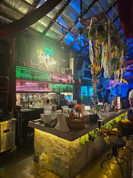 PuraVida Entertainment One Nimman Chiang Mai — bar with neon Pura Vida palm tree sign and colourful bottle shelves — zouk, bachata, salsa venue in Chiang Mai