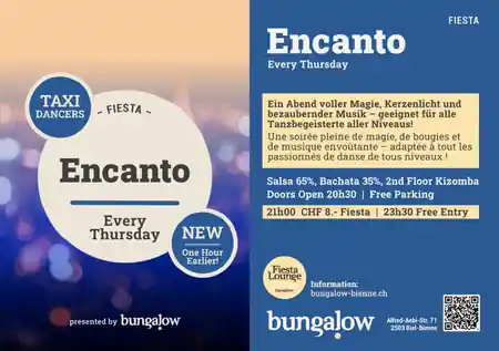 Bungalow, Biel – Encanto Latin dance social night event flyer — salsa, bachata, kizomba venue in Biel