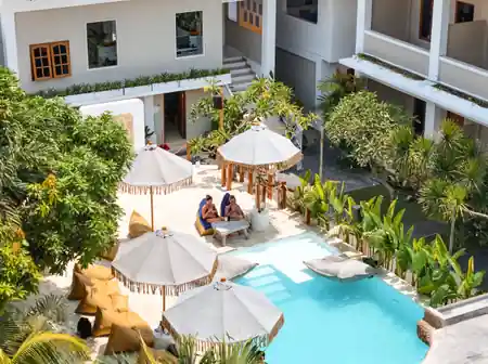 Aerial view of pool and courtyard at Mad Monkey Uluwatu, Bali, bachata venue in Bali