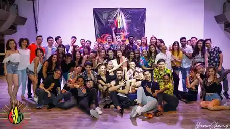 Large group of dancers at Caliente Dance Studio Singapore event — salsa, bachata venue in Singapore