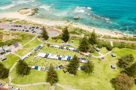 Aerial view of Scarborough Beach foreshore and amphitheatre area during a community event — salsa, bachata, kizomba venue in Scarborough
