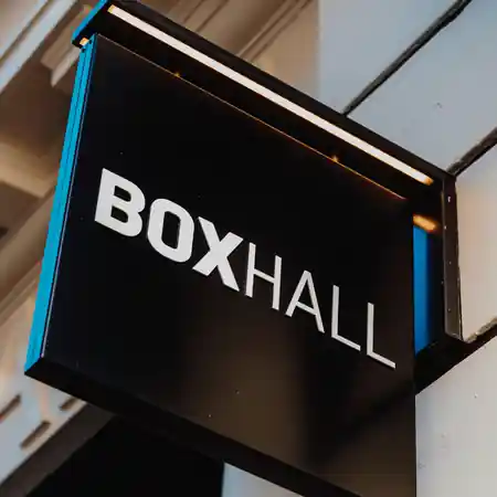 Boxhall City illuminated exterior sign mounted on the building facade — bachata, salsa venue in London