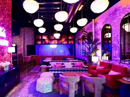 Glamorous lounge with feathered pendant lamps and pink and purple lighting at THROW Social Miami Wynwood, Miami — salsa venue in Miami