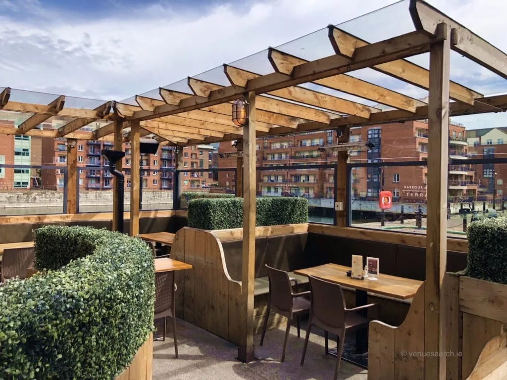 Covered waterfront terrace at the Harbourmaster in Dublin with wooden pergola, booth seating and a canal-side view of dockland apartments