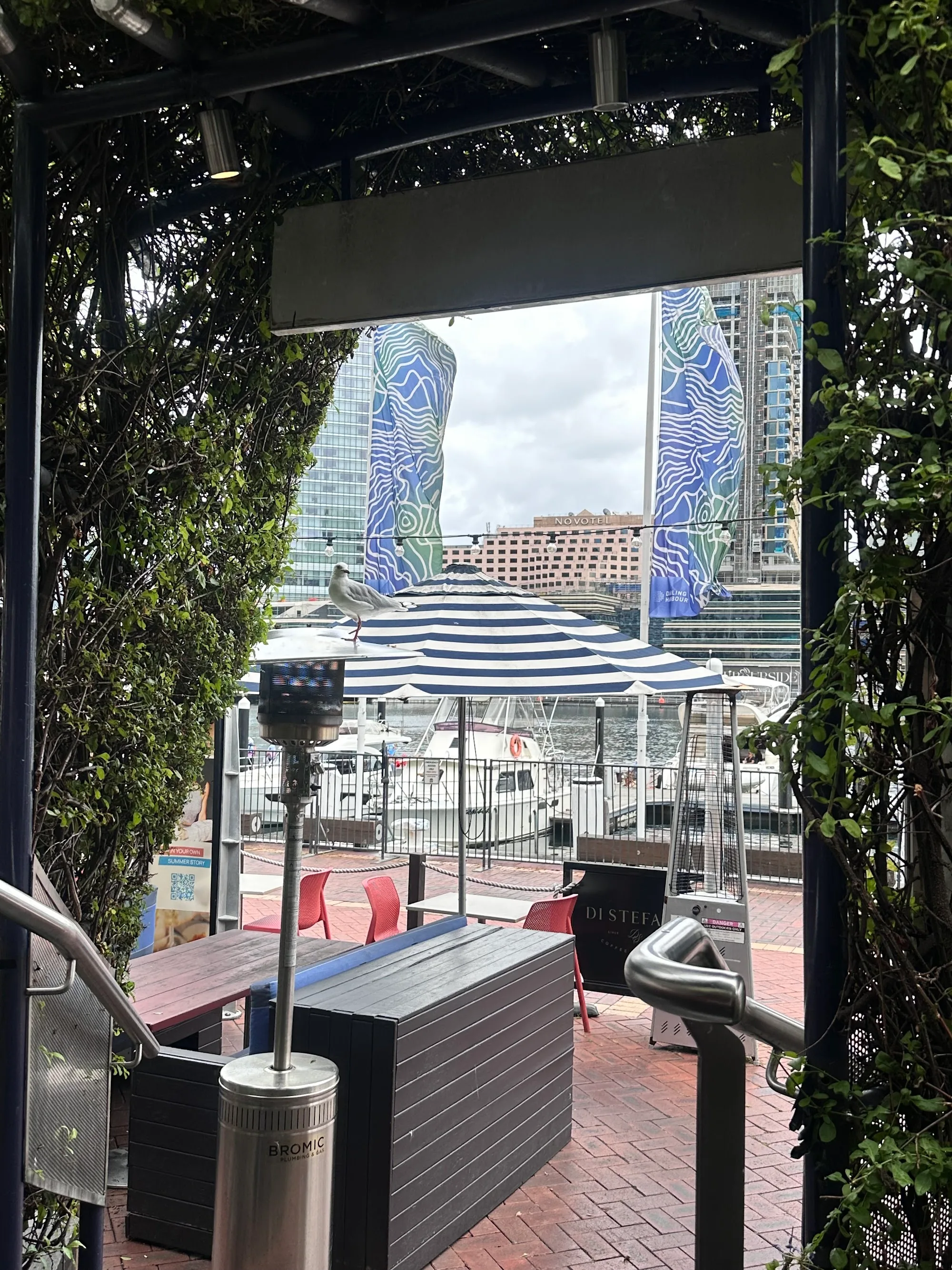 View from Pontoon Bar's entrance over Darling Harbour waterfront and striped umbrellas Sydney