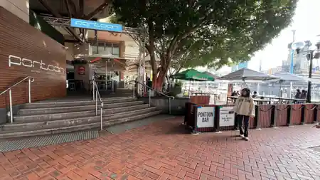 Pontoon Bar entrance steps with branded signage on Darling Harbour promenade Sydney — salsa, bachata venue in Sydney