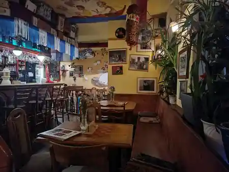 Martinez Cuban bar interior with colorful decor art and bar counter in Dresden Germany — salsa venue in Dresden