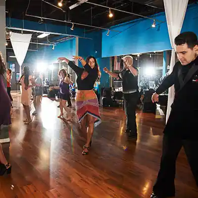 Academy Ballroom Atlanta group dance lesson in progress — salsa, bachata venue in Atlanta